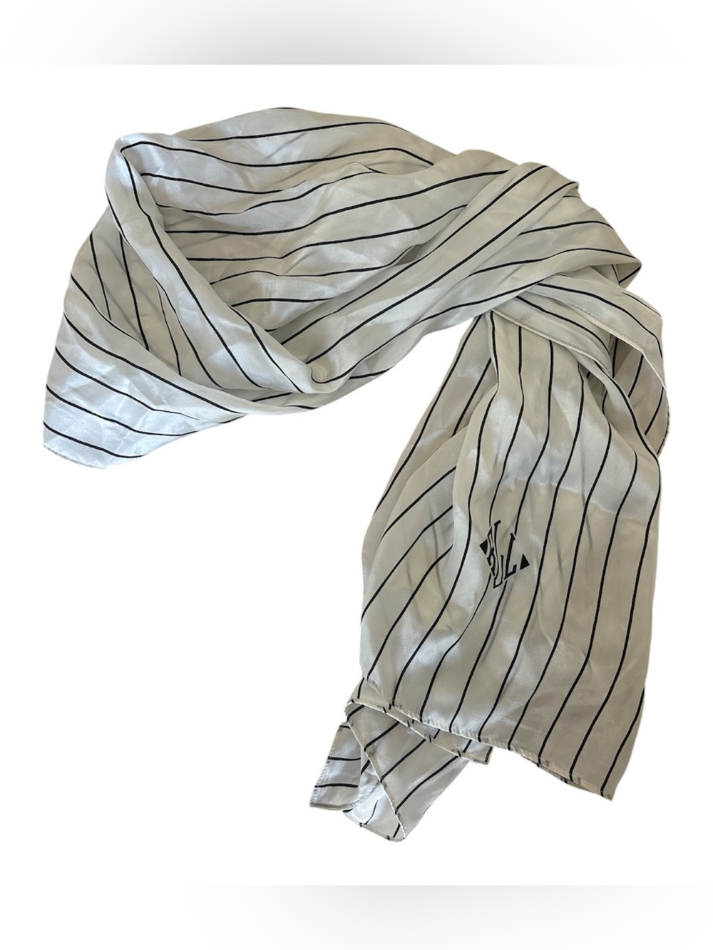 Lauren Ralph Lauren Pinstripe Silk Scarf White Black Minimalist RL Monogram